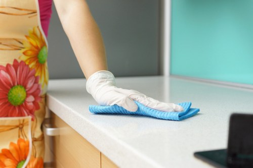 Cleaner at work with safety focus in a Treatham property